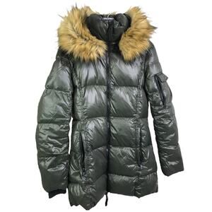 S13 Puffer Jacket Womens Sz M Down Faux Fur Feather Hood Dark Green‎